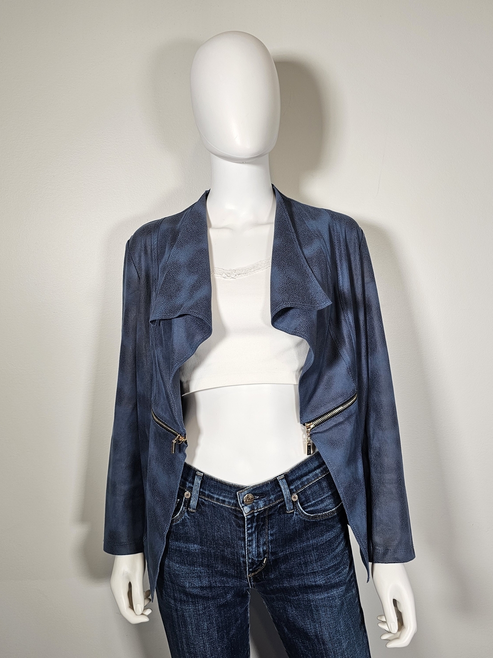 Joseph Ribkoff Blue Faux Suede Zipper Detail Open Front Cardigan Sz S